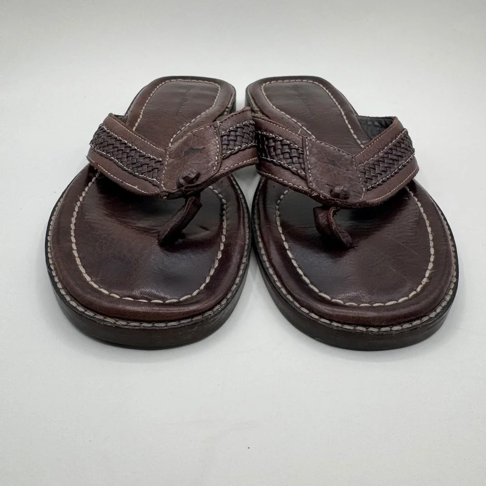 Tommy Bahama Anchors Away Mens Sz 11 D Brown Leather Woven Flip Flop Sandals